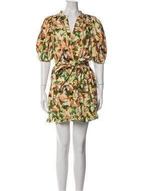 Marie Oliver Printed Puff-Sleeve Tie-Waist Mini Dress in Green and Peach